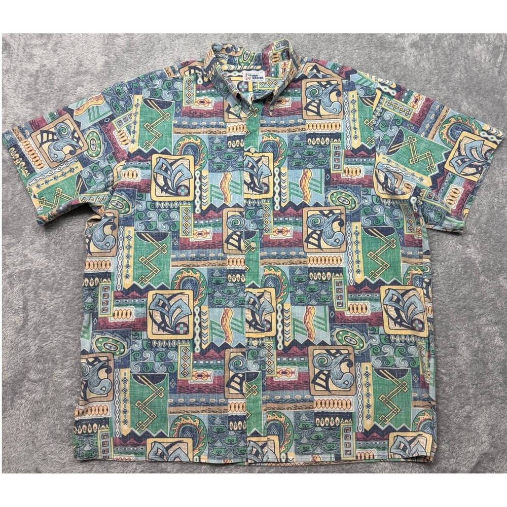 Vintage Reyn Spooner Hawaiian Shirt Mens 2XL Multicolor Tahitian Geometric Aloha